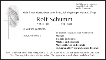 Traueranzeige von Rolf Schumm von Pegnitz-Zeitung